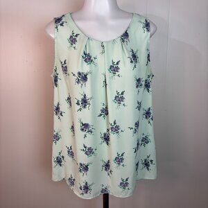 LOFT Tank Top Medium Mint Green Purple Floral Sheer Sleeveless Blouse Women's